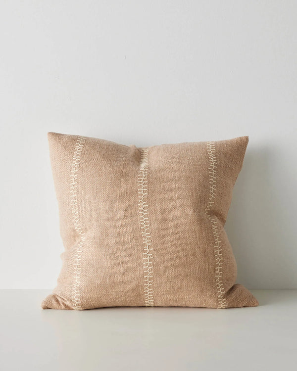 Maddalena Biscotti 50x50cm cushion, warm neutral polyester linen blend with vertical linen stitch embroidery stripe detail by Weave Home