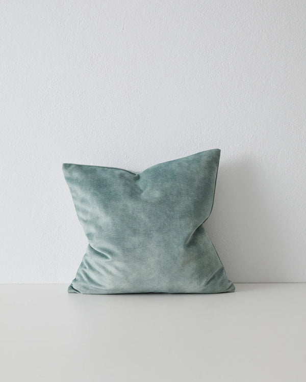 Ava Seaglass cushion, 50x50cm, soft polyester velvet in cool aqua tone with concealed zip by Weave Home