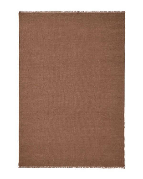 Jacqueline Rosewood wool flatweave rug with frayed edge detail in dusty rose and warm brown tones by Weave Home