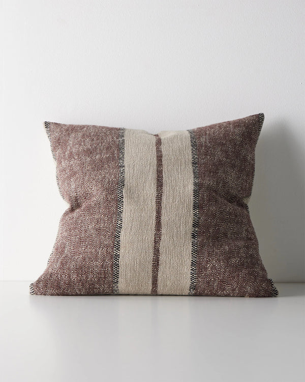 Ottavio Mulberry 50x50 cushion cover with chunky slub weave and symmetrical stripe design in burgundy, beige and black by Weave Home