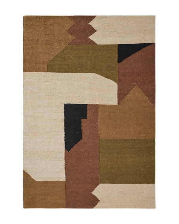 Ruben Terra hand-woven jute rug in warm palette of ecru, olive, terracotta and charcoal with abstract geometric design by Weave Home