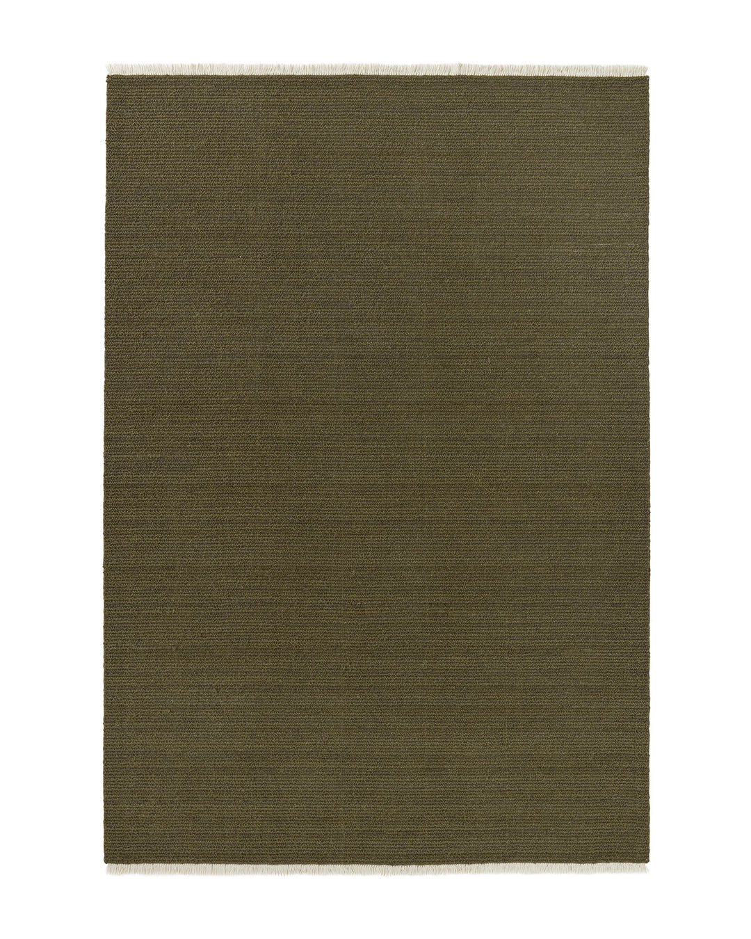 Fabien Moss high-traffic wool rug with textured loop pile and ribbed weave, cream fringe border, by Weave Home