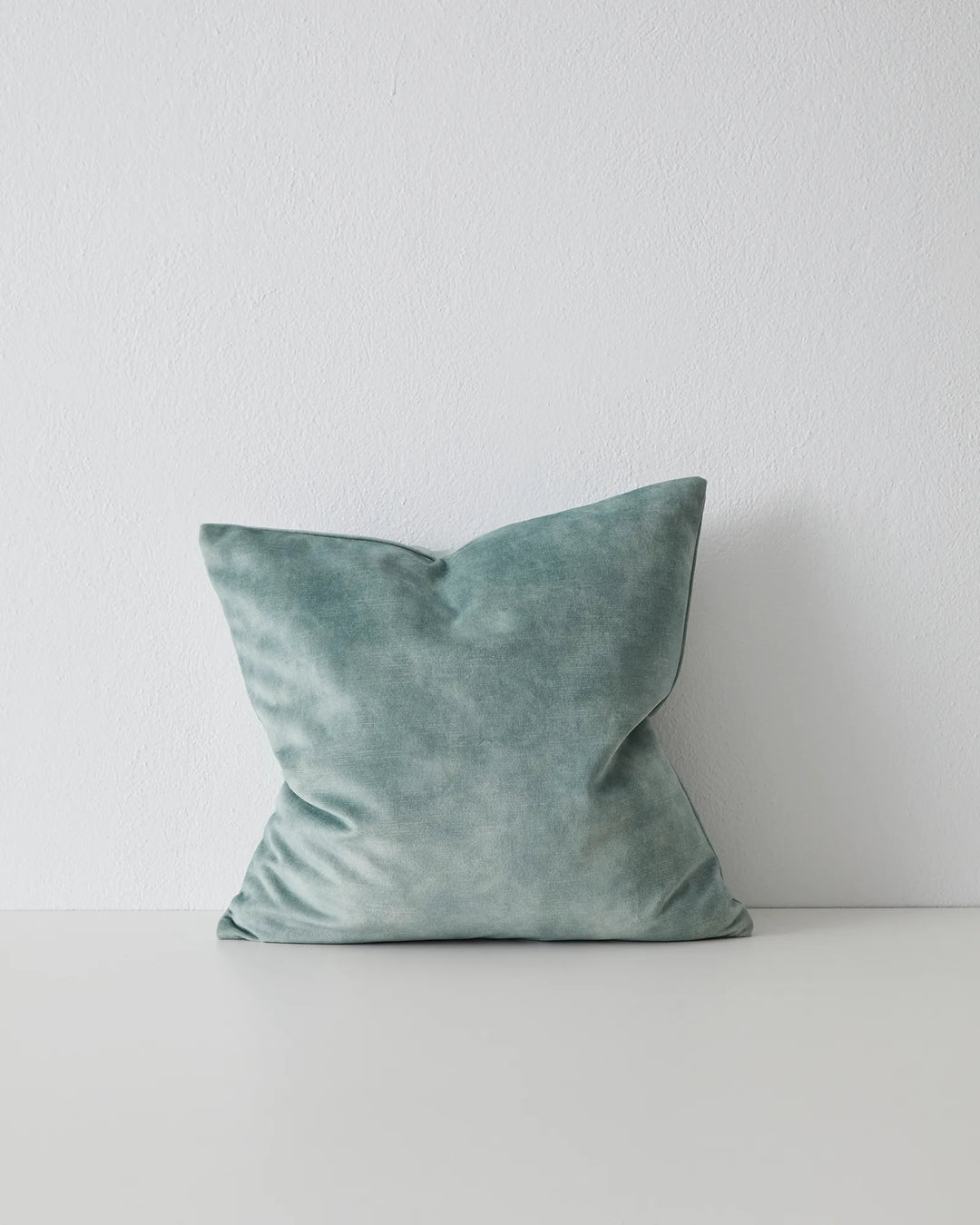 Ava Seaglass cushion, 50x50cm, soft polyester velvet in cool aqua tone with concealed zip by Weave Home