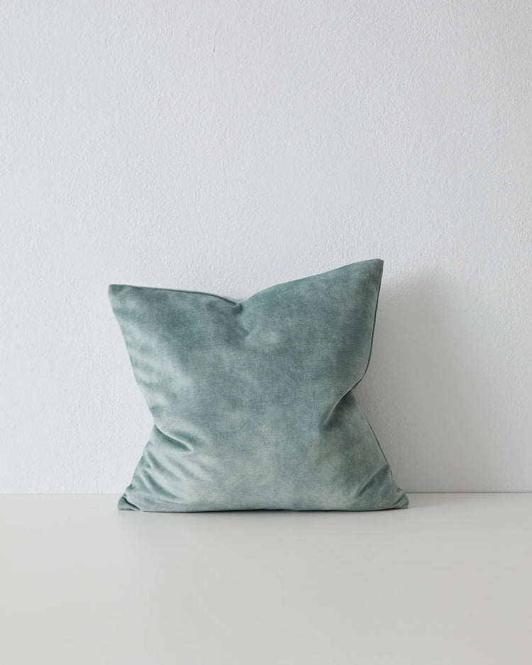 Ava Seaglass cushion, 50x50cm, soft polyester velvet in cool aqua tone with concealed zip by Weave Home