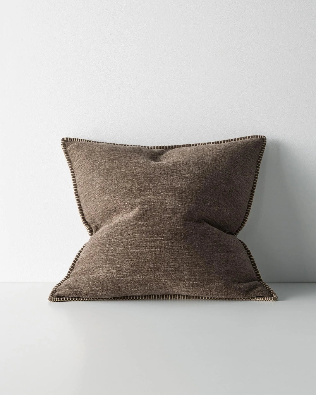 Alba Bark 50x50 cushion cover in warm chocolate linen polyester blend with blanket stitch seam detail by Weave Home