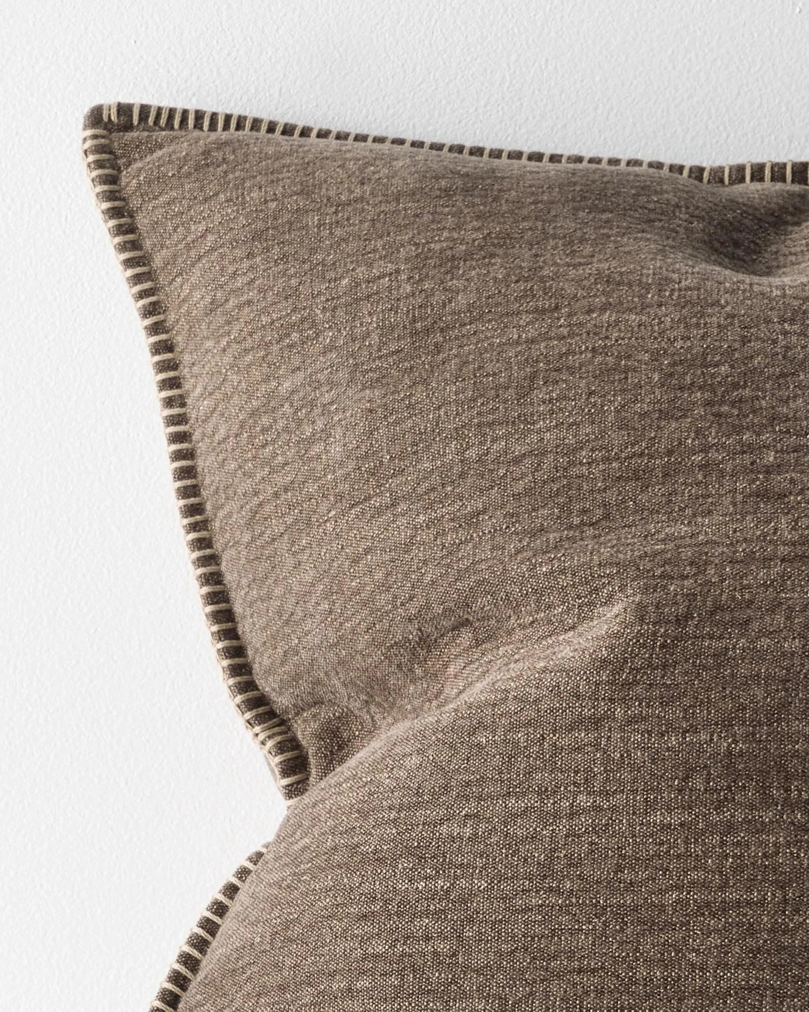 Alba Bark cushion 50x50cm, linen polyester blend, corner detail showing blanket stitch finish by Weave Home