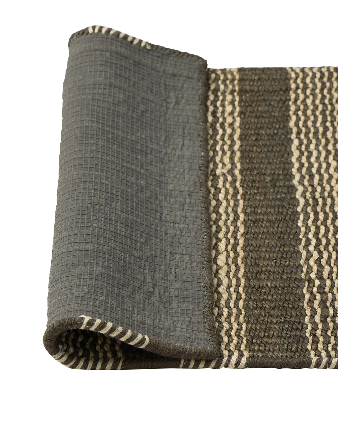 Arden Coal hand-woven jute door mat detail, showing charcoal base with cream irregular stripe border, 65x120cm by Weave Home
