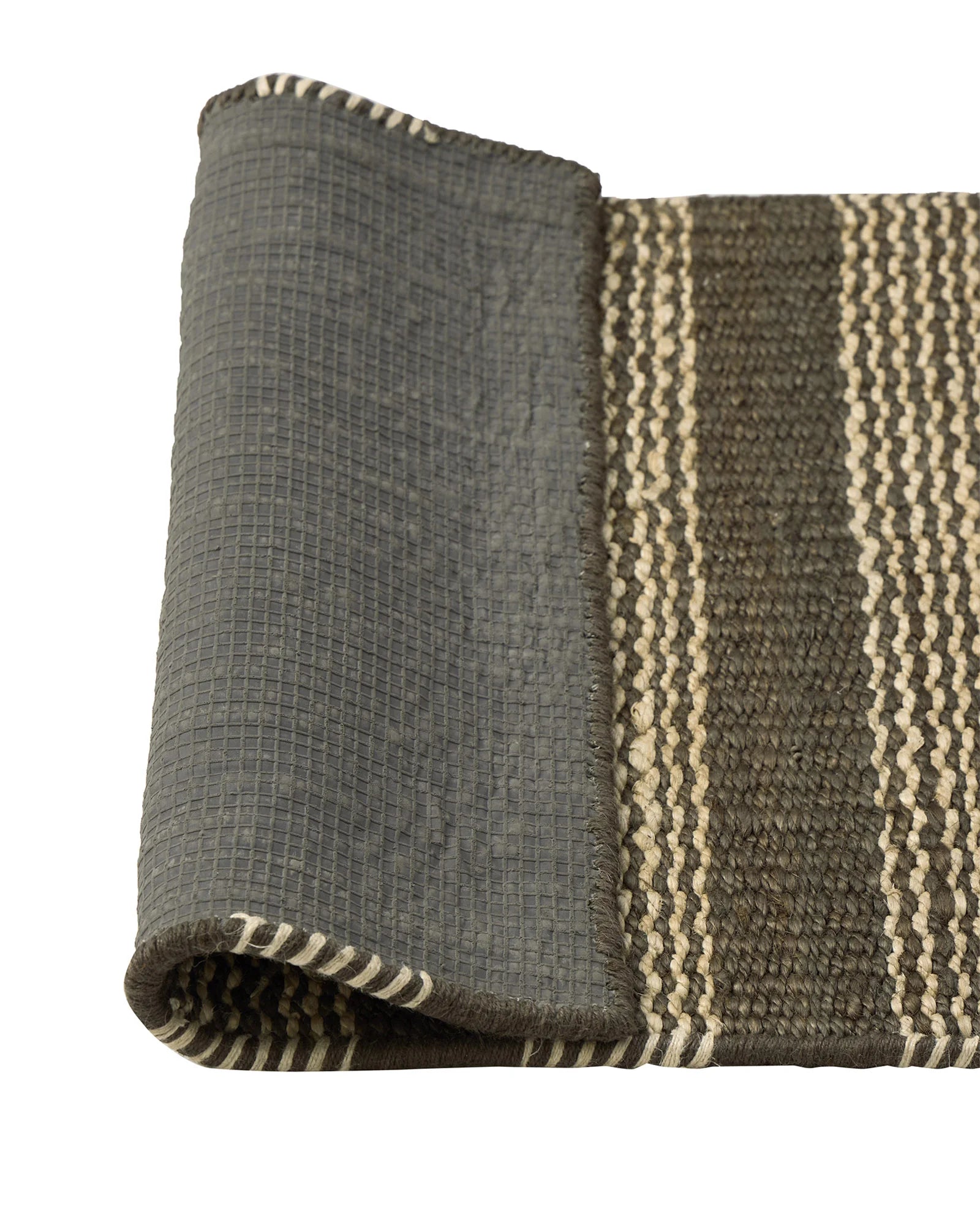 Arden Coal hand-woven jute door mat detail, showing charcoal base with cream irregular stripe border, 65x120cm by Weave Home