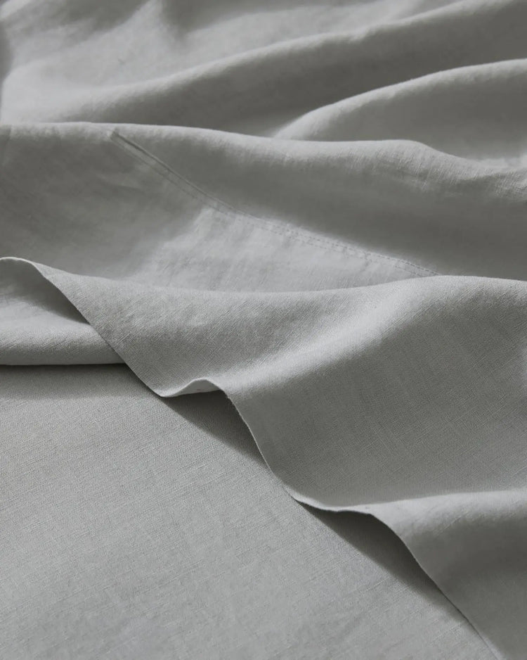 Ravello Flat Sheet in silver, European linen with soft pre-washed finish, detail view by Weave Home