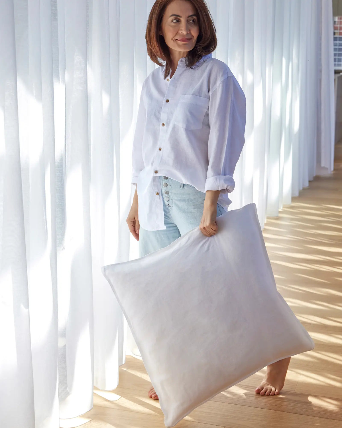 Ravello white linen pillowcase set, Euro size, with top-stitched flanged edge detail by Weave Home