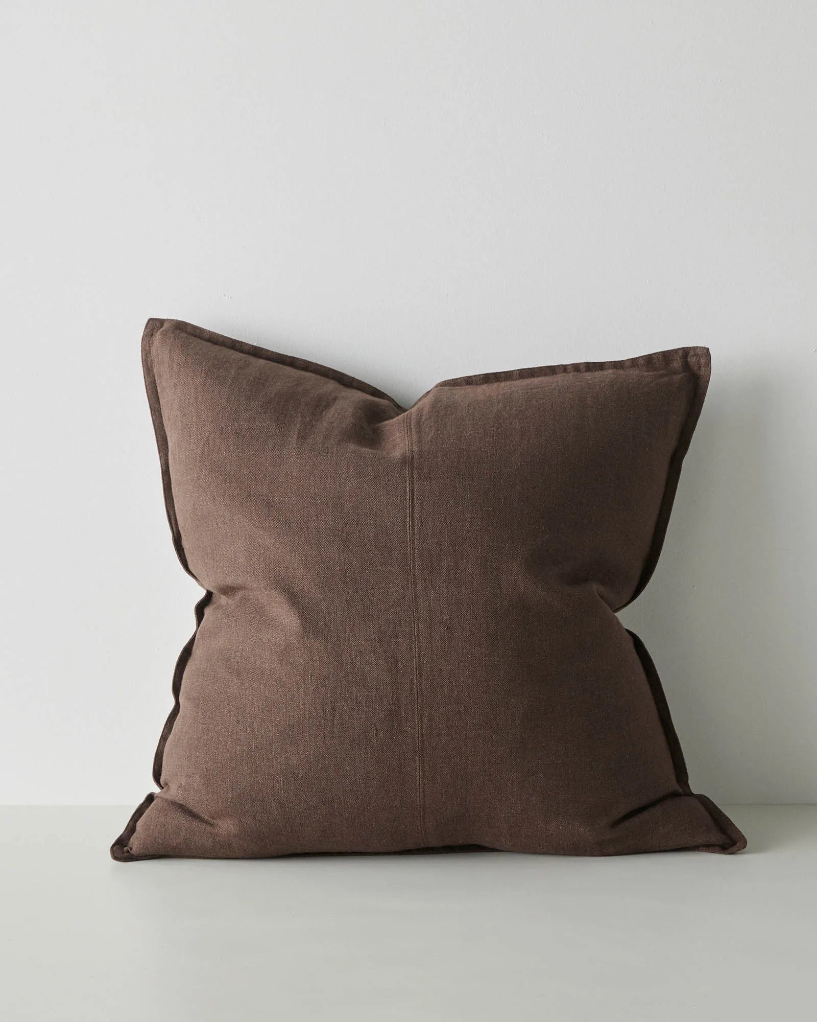 Como Cocoa 60x60cm linen cushion front view, stone-washed European linen with matte finish and subtle piping detail by Weave Home