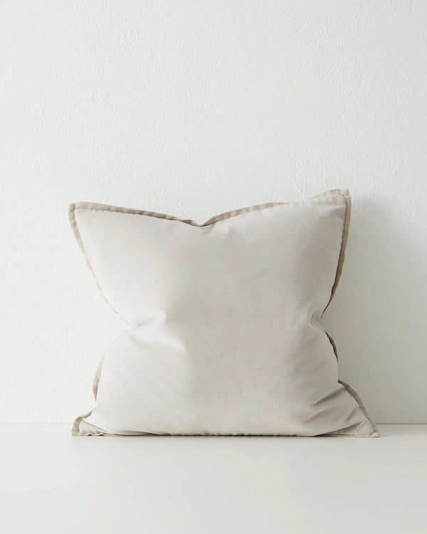 Francesca Frost 50x50 velvet cushion with contrasting piping, soft bone hue, front view by Weave Home
