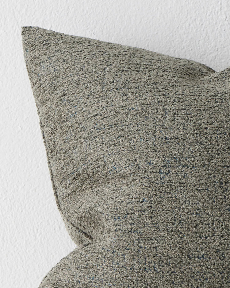 Laurent Moss cushion close-up, showing textured viscose blend weave with subtle blue undertones, 50x50cm by Weave Home