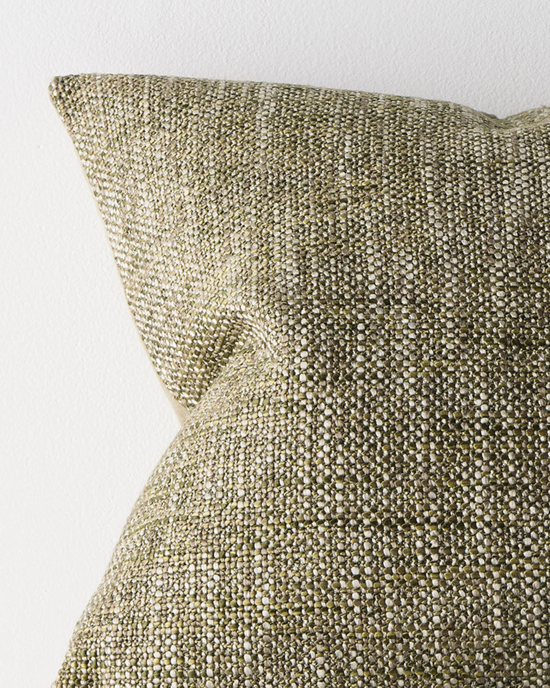 Castel Moss cushion close-up, woven polyester cotton blend with chunky space dyed yarns in moss, pistachio and neutral tones by Weave Home