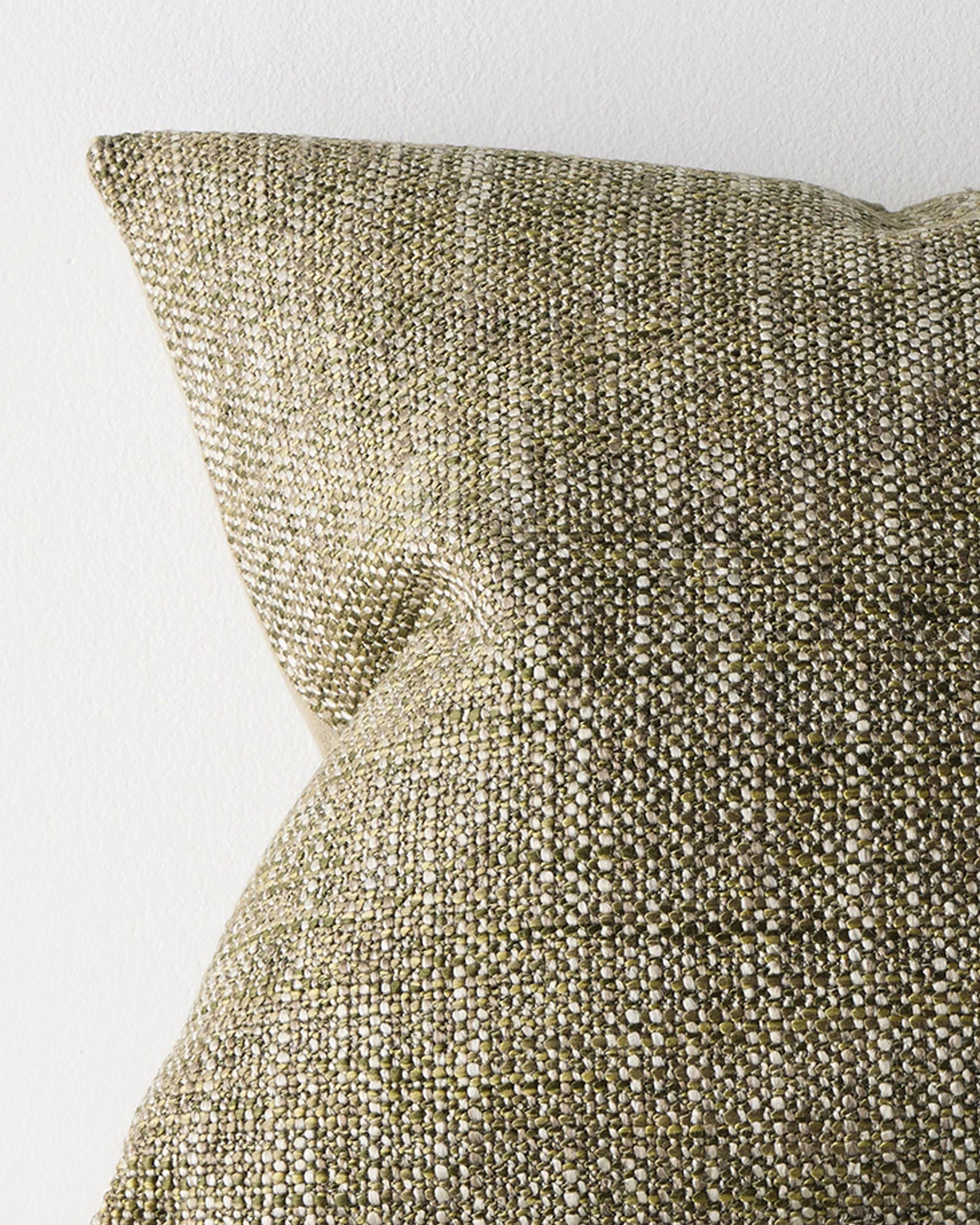 Castel Moss cushion close-up, woven polyester cotton blend with chunky space dyed yarns in moss, pistachio and neutral tones by Weave Home