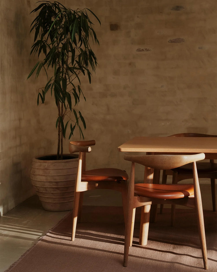 Warm-toned dining space with mid-century timber furniture, potted plant, and Jacqueline rosewood wool rug casting geometric shadow patterns in natural light