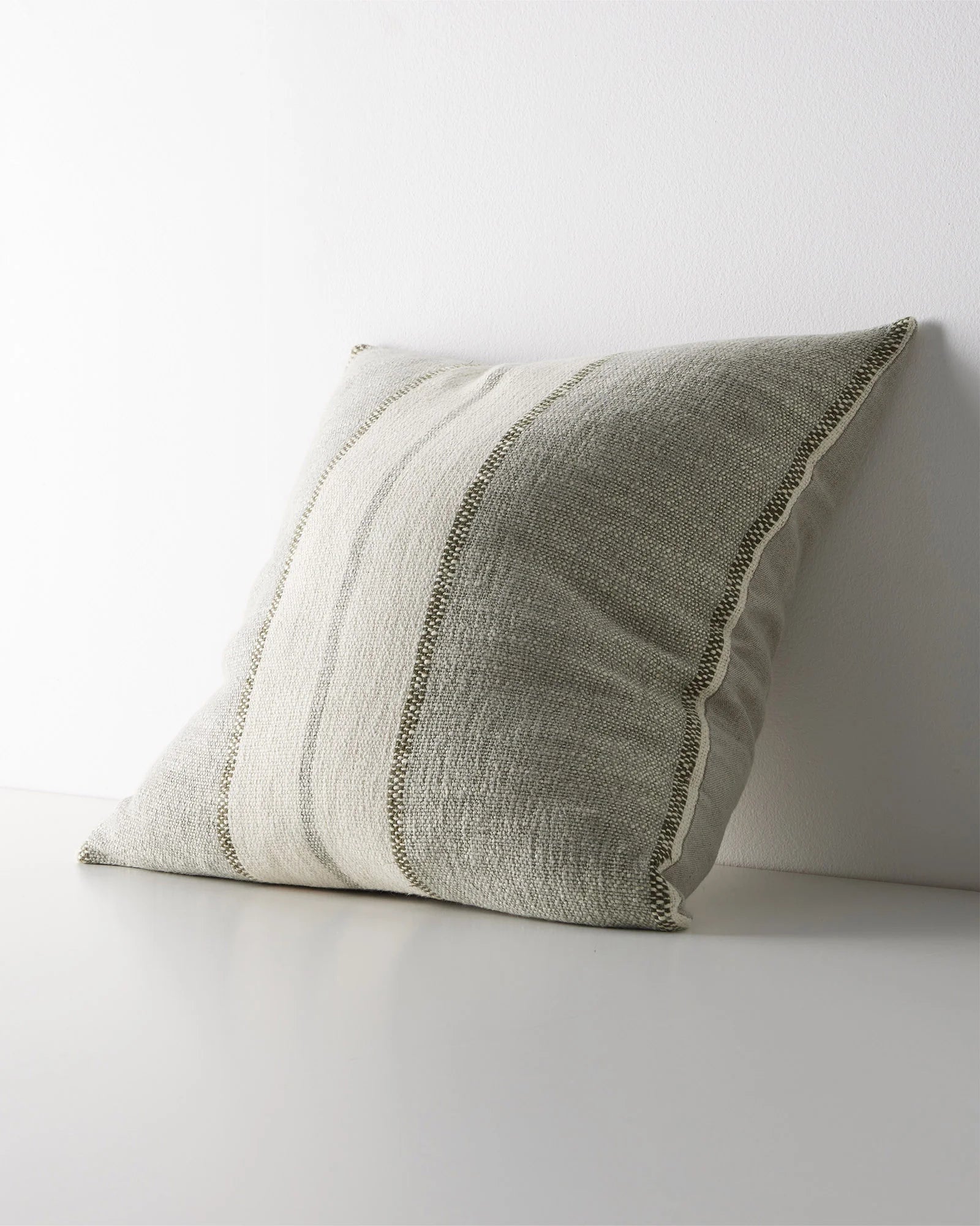 Ottavio Lagoon cushion, 50x50cm, featuring seafoam and cream with moss green stripe detail, linen polyester blend, blanket stitch edge, by Weave Home