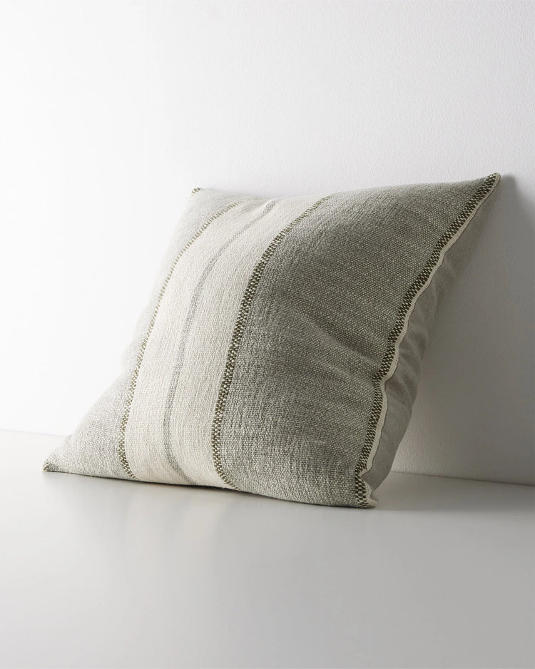 Ottavio Lagoon cushion, 50x50cm, featuring seafoam and cream with moss green stripe detail, linen polyester blend, blanket stitch edge, by Weave Home