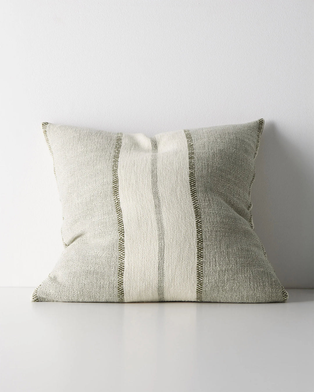 Ottavio Lagoon 50x50cm cushion in seafoam, cream and moss green striped linen-polyester blend with textured slub weave by Weave Home