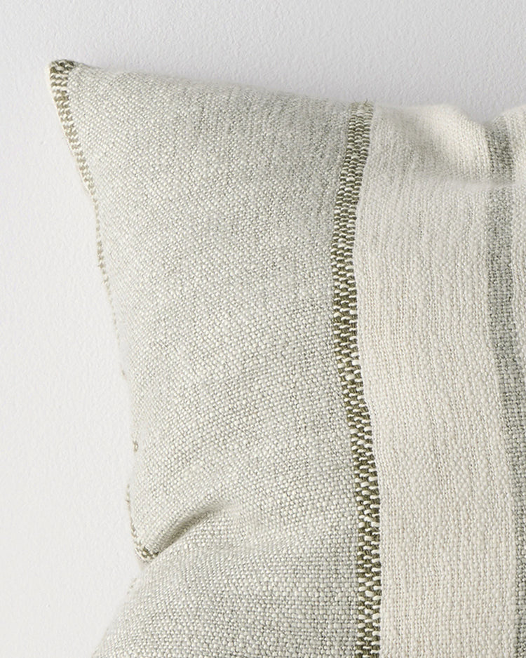 Ottavio Lagoon cushion close-up, seafoam and cream linen-polyester blend with moss green stripe detail and concealed zipper by Weave Home