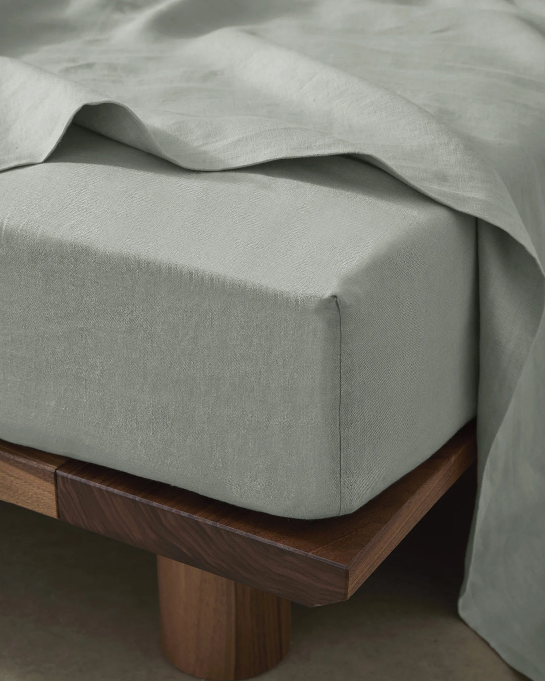Ravello Fitted Sheet in Sage, European linen with deep corner pocket detail, by Weave Home