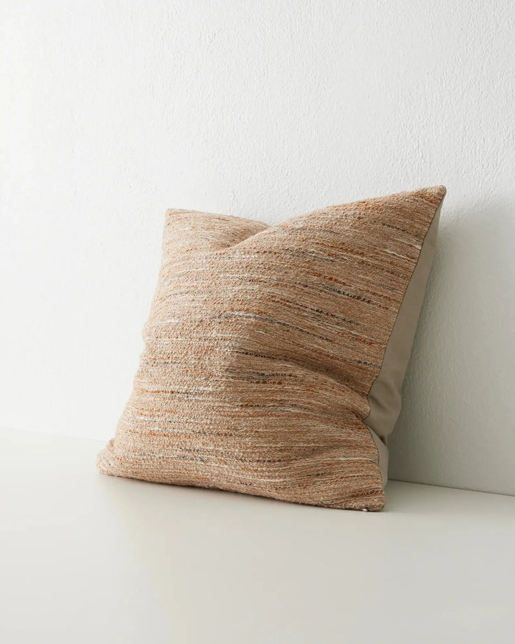 Vista Sunset textured cushion, 50x50cm, two-toned brown linen-polyester blend with bouclé yarns, side view by Weave Home