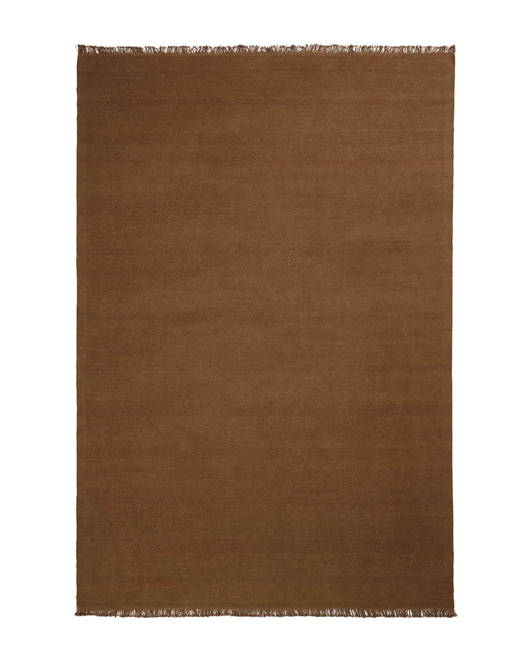 Emilio Toffee linen rug in warm golden brown with fringe border, flat-weave high-traffic rug by Weave Home