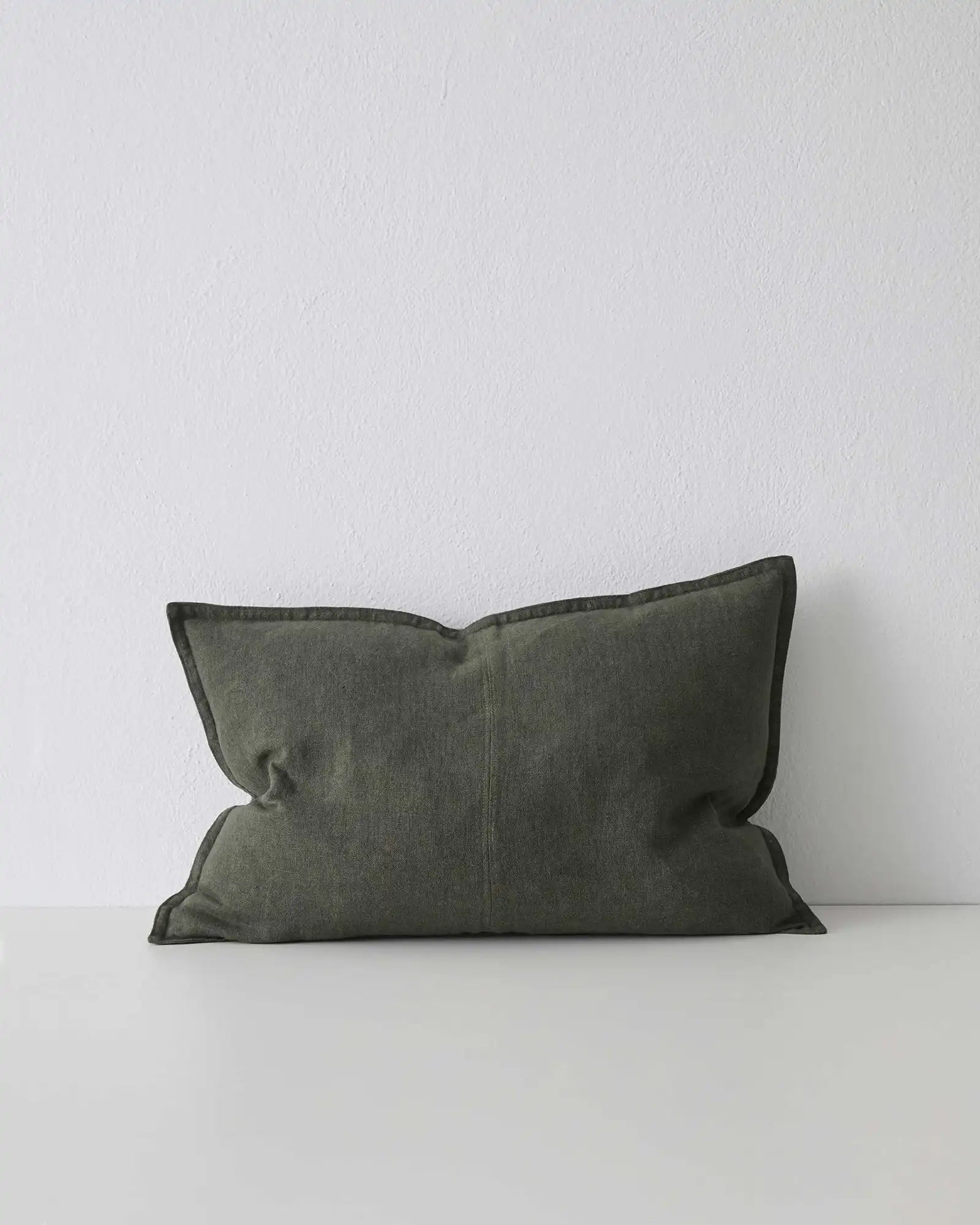 Como Khaki lumbar cushion 40x60cm, stonewashed European linen with contrast piping detail, by Weave Home