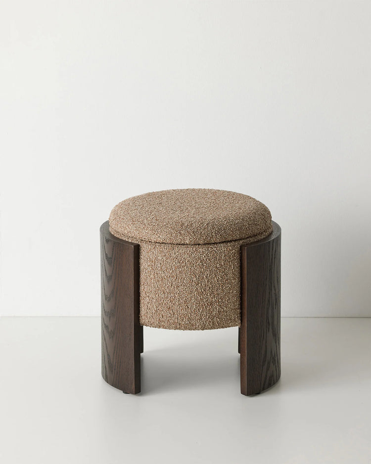 Norcia Sienna bouclé ottoman in earthy multi-tone upholstery with dark walnut ashwood panel legs and hidden storage by Weave Home