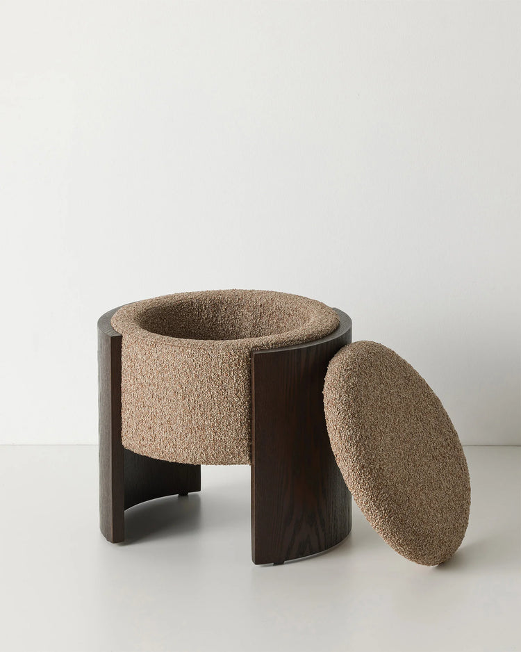 Norcia Sienna bouclé ottoman in earthy terracotta-beige blend with dark walnut ashwood legs and removable upholstered lid by Weave Home