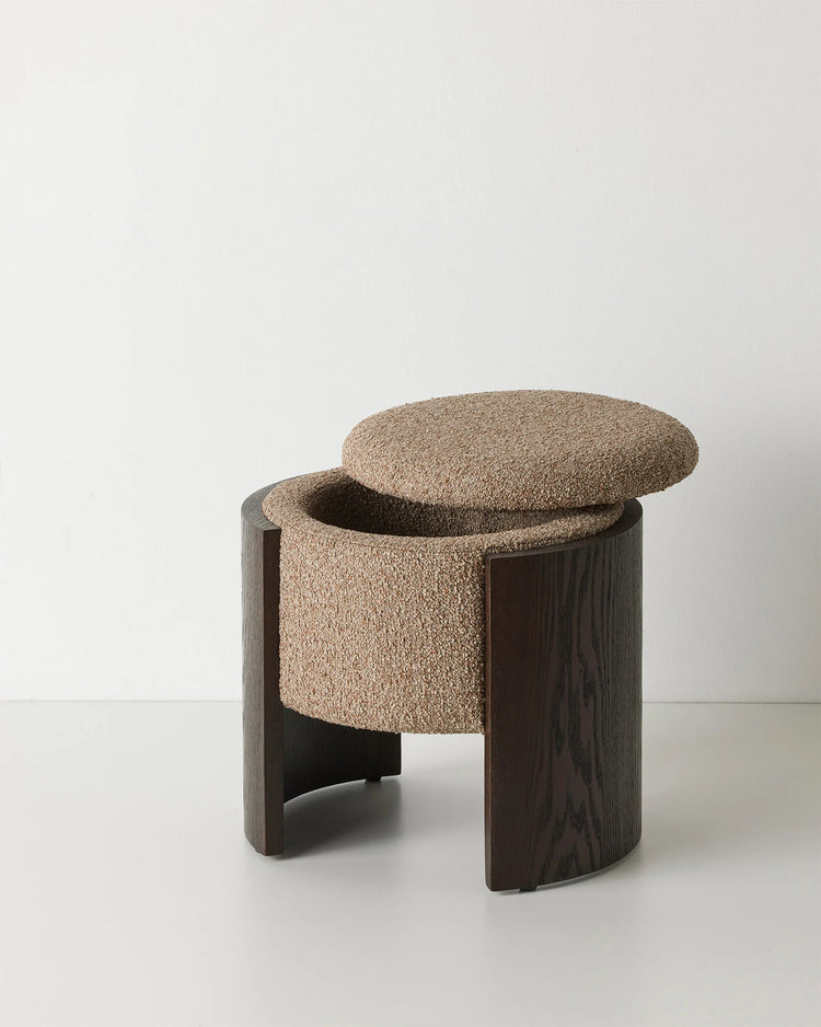 Norcia Sienna Ottoman in multi-tonal boucle, earthy terracotta blend, with hidden storage and dark walnut ashwood legs by Weave Home