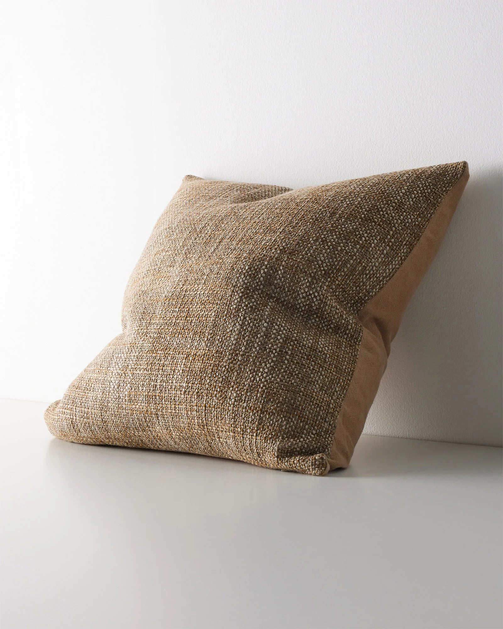 Castel Toffee cushion, 50cm, woven polyester cotton blend with chunky space-dyed yarns in honey and brown tones by Weave Home