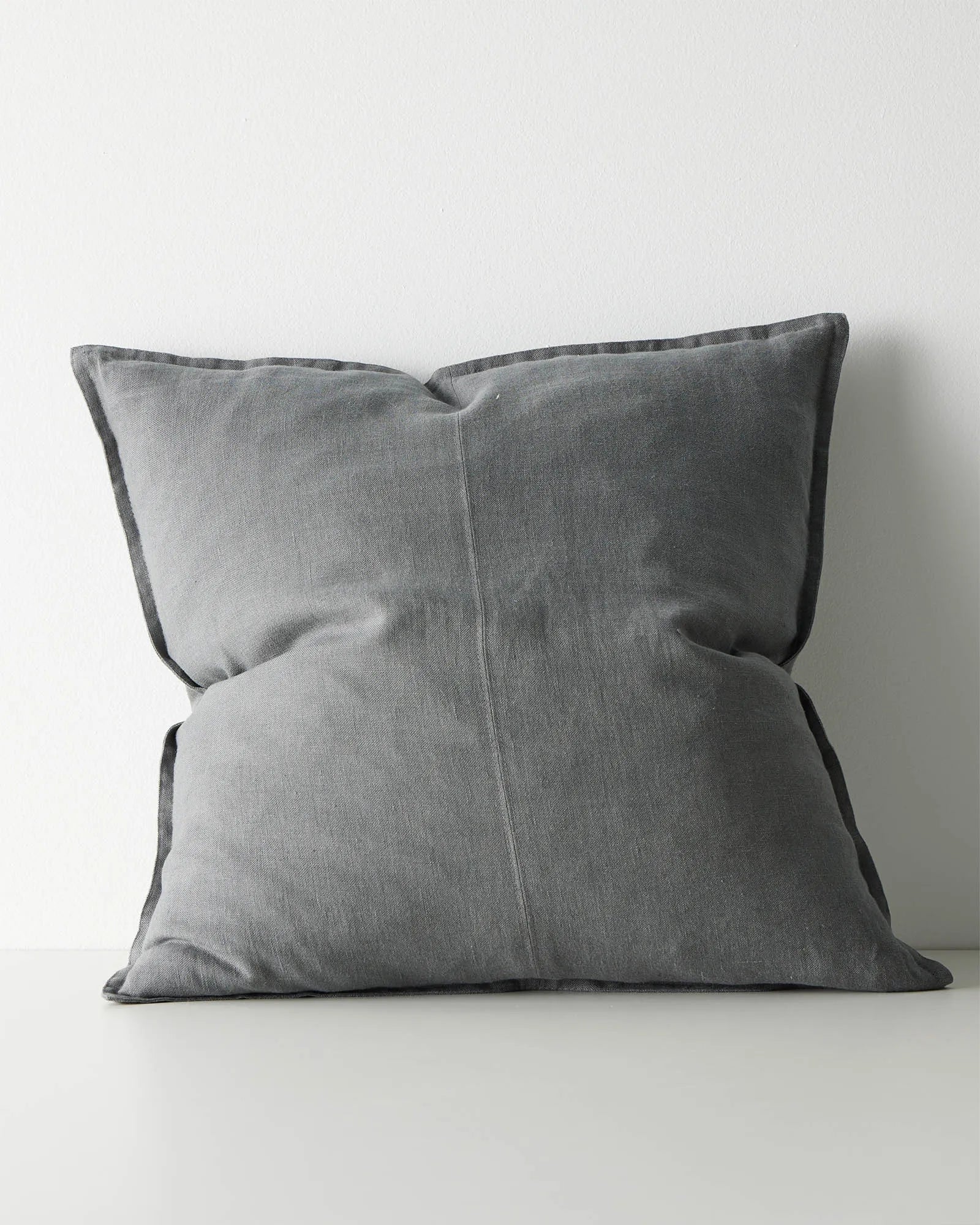 Como Steel 60x60 linen cushion in light blue-grey, front view, stonewashed European linen with piped edges by Weave Home