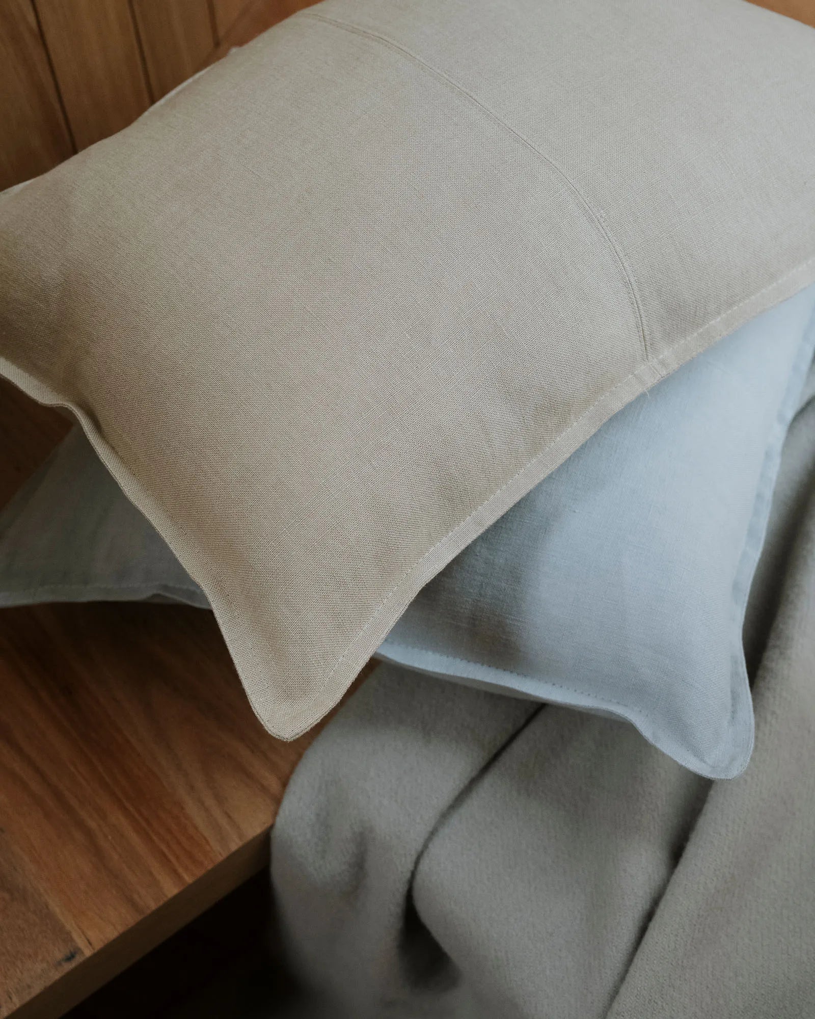 Como Oatmeal stonewashed European linen cushion with blanket stitch seam detail by Weave Home