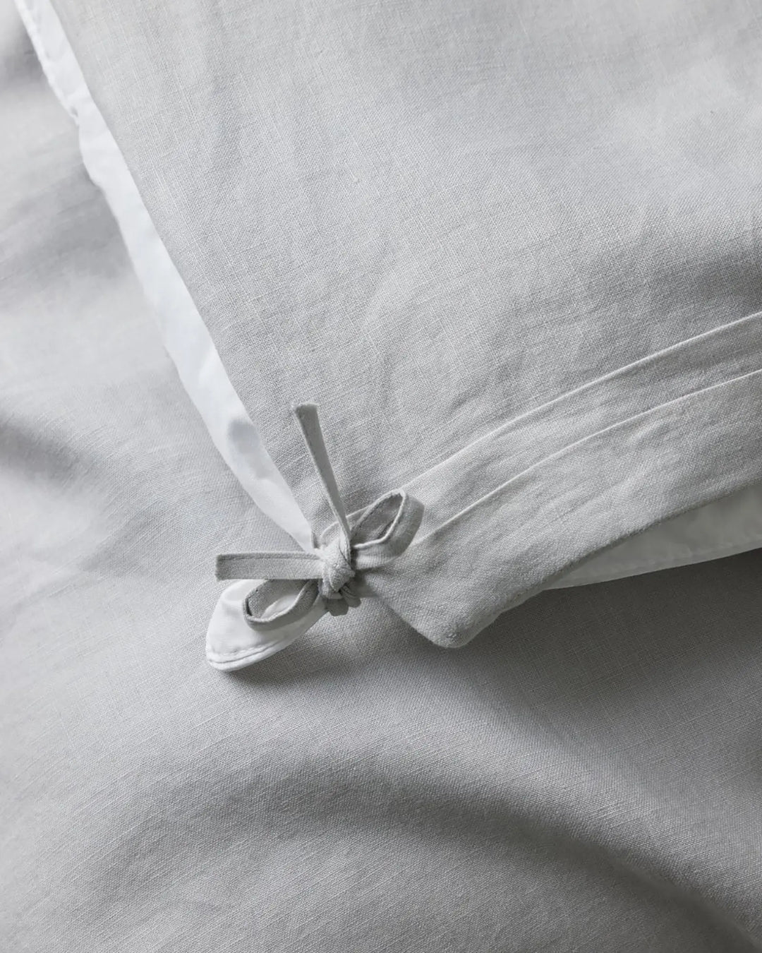 Ravello Quilt Cover Silver detail view, showing internal tie closure in European linen by Weave Home