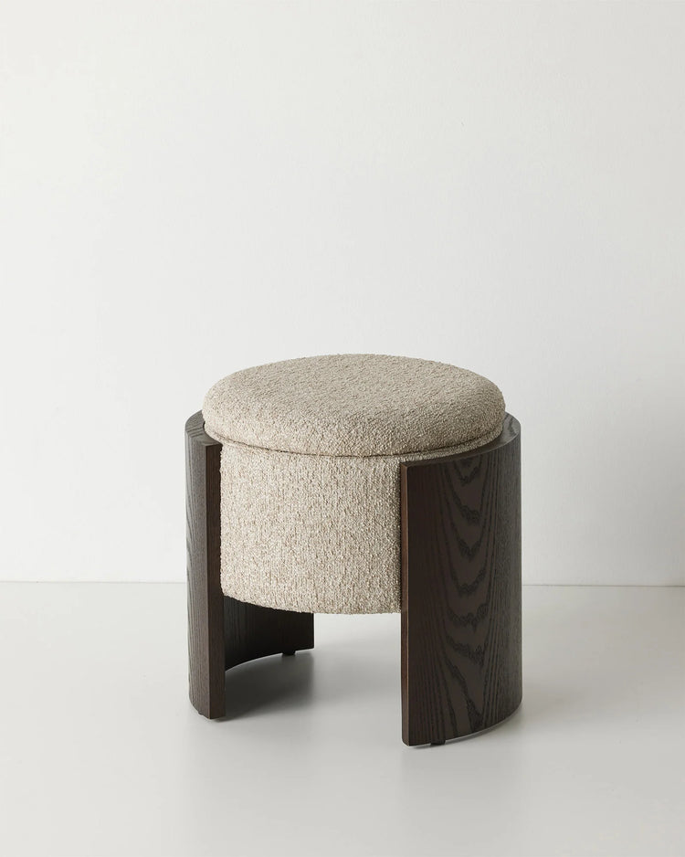 Norcia Stone bouclé ottoman with multi-tonal cream and beige upholstery, dark walnut ashwood base, front view by Weave Home