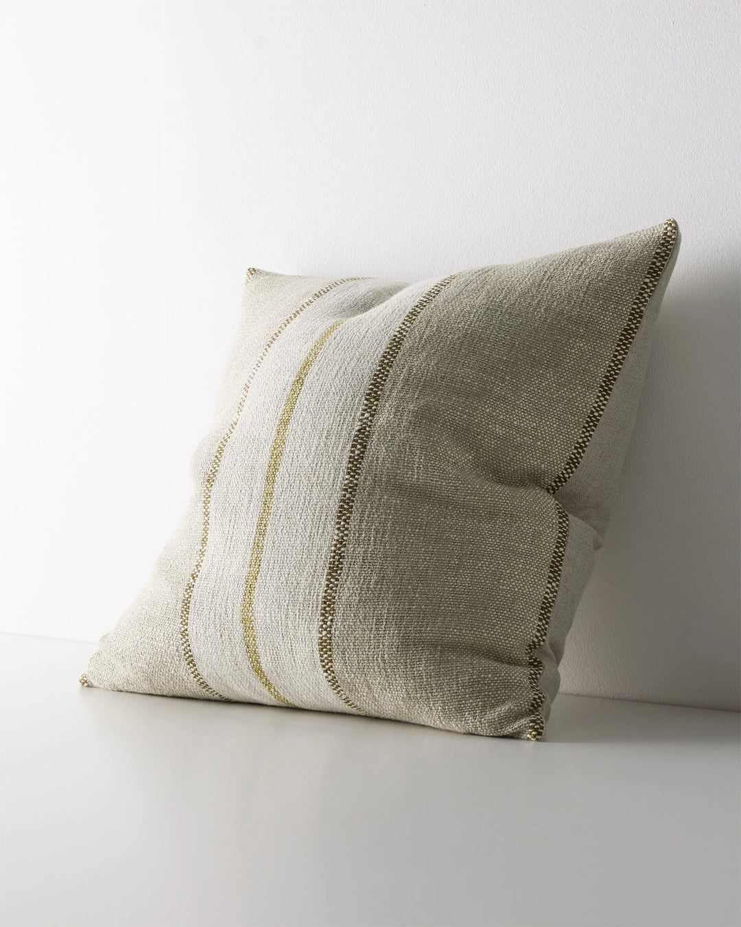 Ottavio Willow cushion front view, 50x50cm linen blend with chunky slub weave, cream and olive striped design, whipstitched edges, by Weave Home