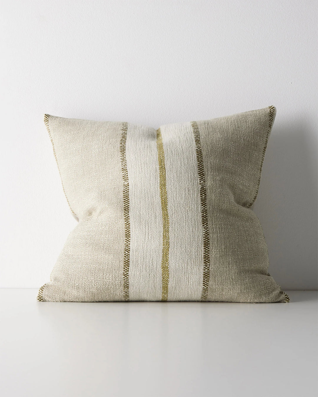 Ottavio Willow 50x50 cushion cover in cream and olive stripe with chunky slub weave and whipstitched edges by Weave Home