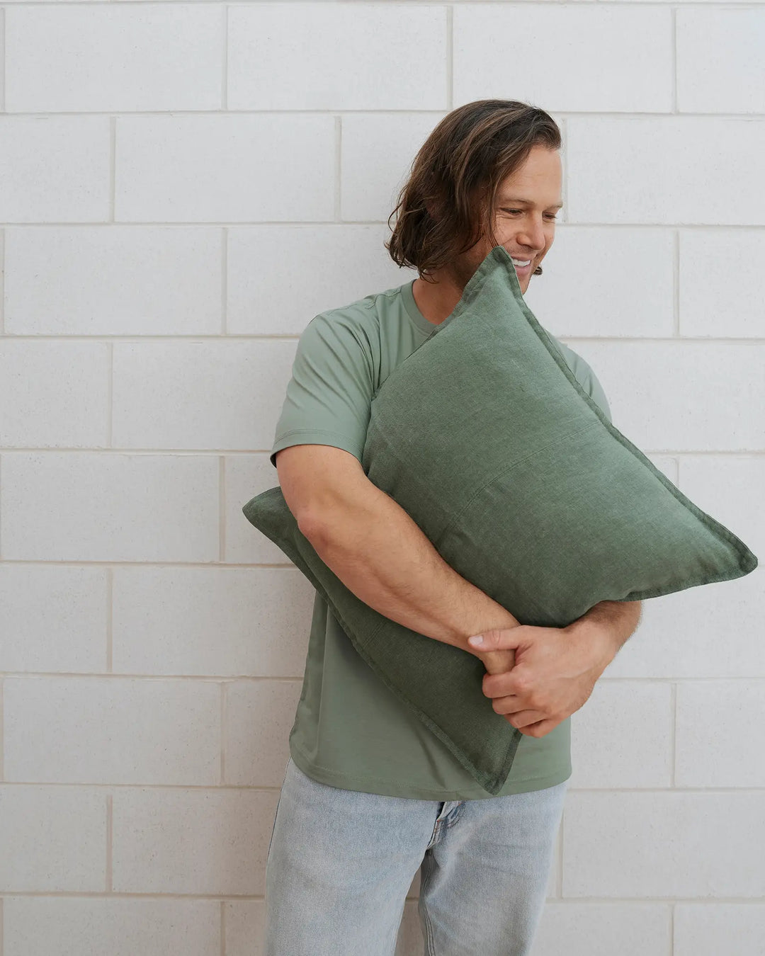 Como Juniper linen cushion in cool-toned medium-green, 100% European linen in stonewashed finish, by Weave Home