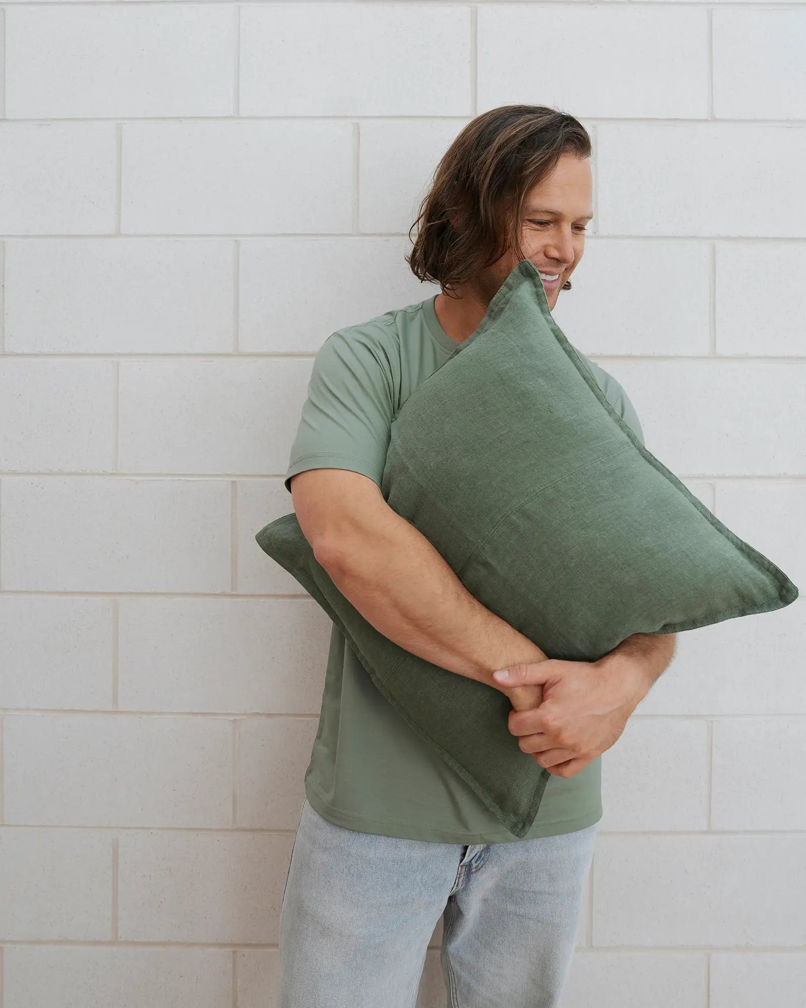 Como Juniper linen cushion in cool-toned medium-green, 100% European linen in stonewashed finish, by Weave Home