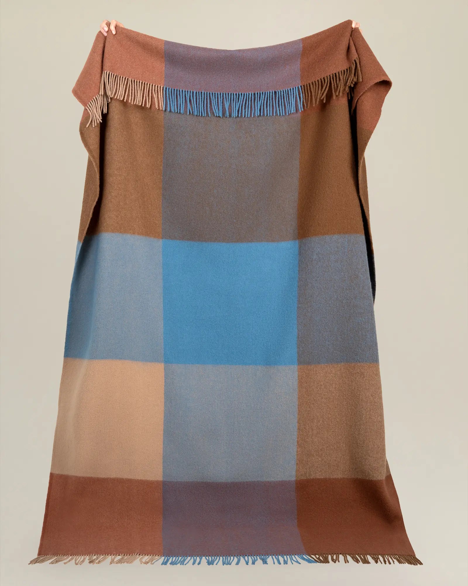 Brookside Ocean wool throw in rust, oak, tan and cornflower blue colour-block plaid with fringe trim by Weave Home