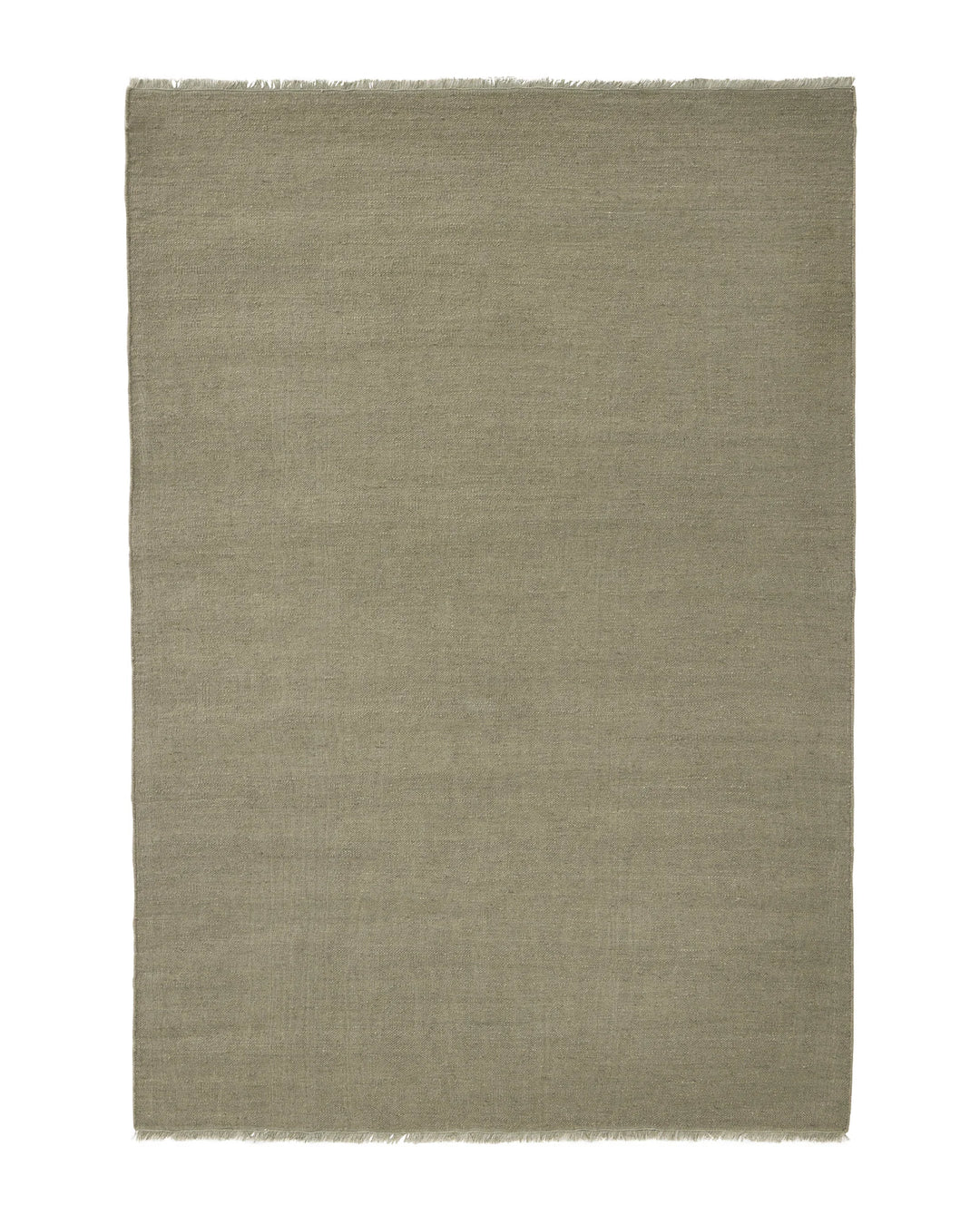 Jacqueline Pumice rug in soft taupe grey with sage green undertones, flatweave wool construction with raw fringe border by Weave Home