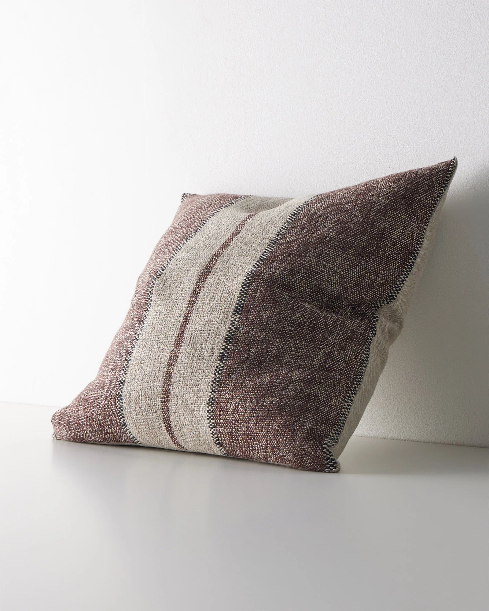 Ottavio Mulberry cushion front view, 50x50cm linen-polyester blend with chunky slub weave and symmetrical beige-burgundy-black stripes by Weave Home