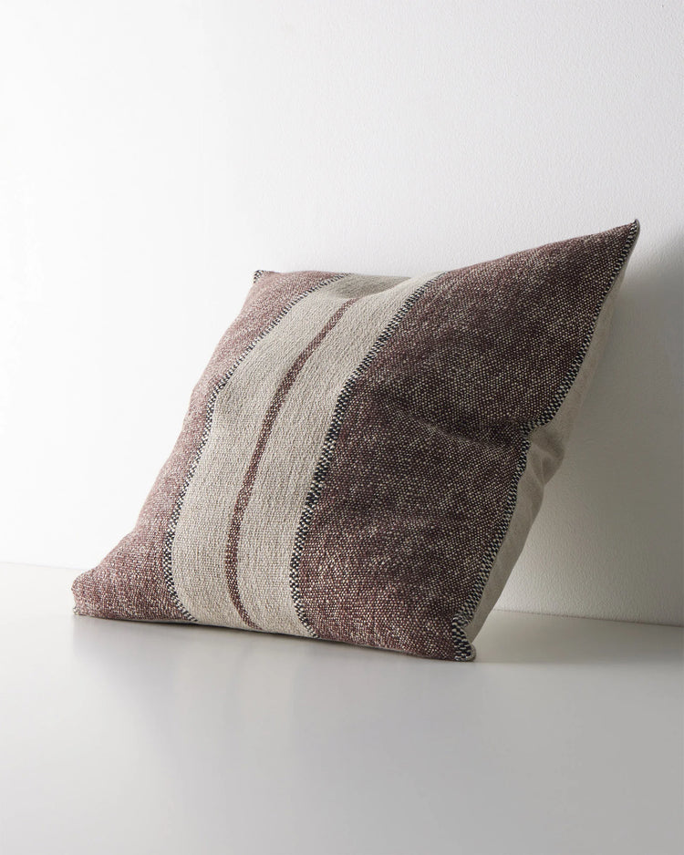 Ottavio Mulberry cushion front view, 50x50cm linen-polyester blend with chunky slub weave and symmetrical beige-burgundy-black stripes by Weave Home