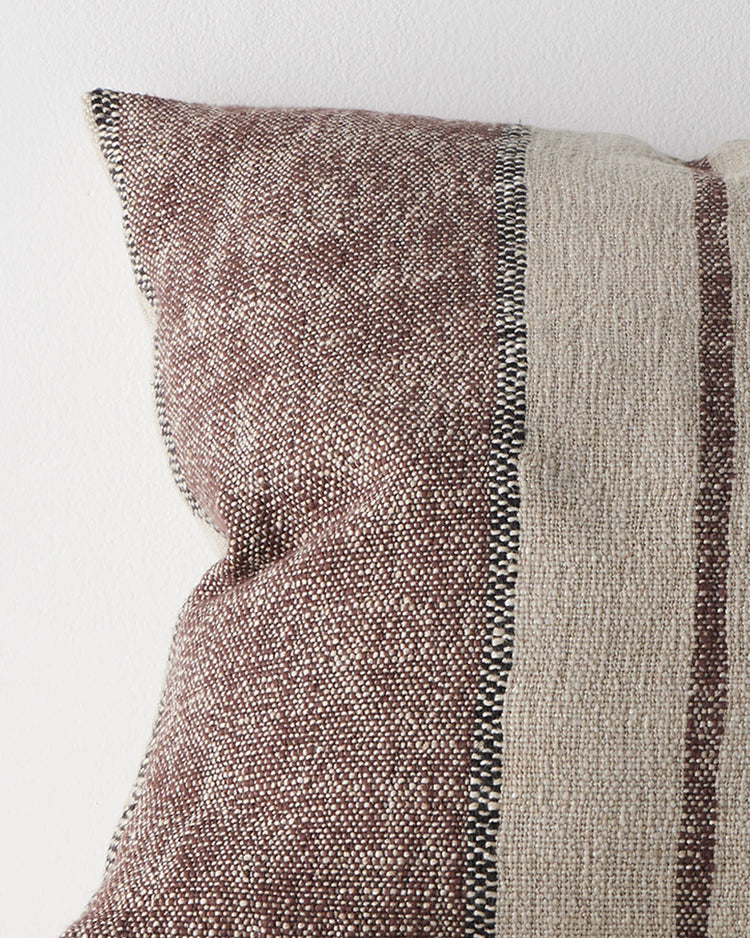 Ottavio Mulberry cushion detail, 50x50cm: chunky slub weave with burgundy and black striped texture against soft beige, by Weave Home