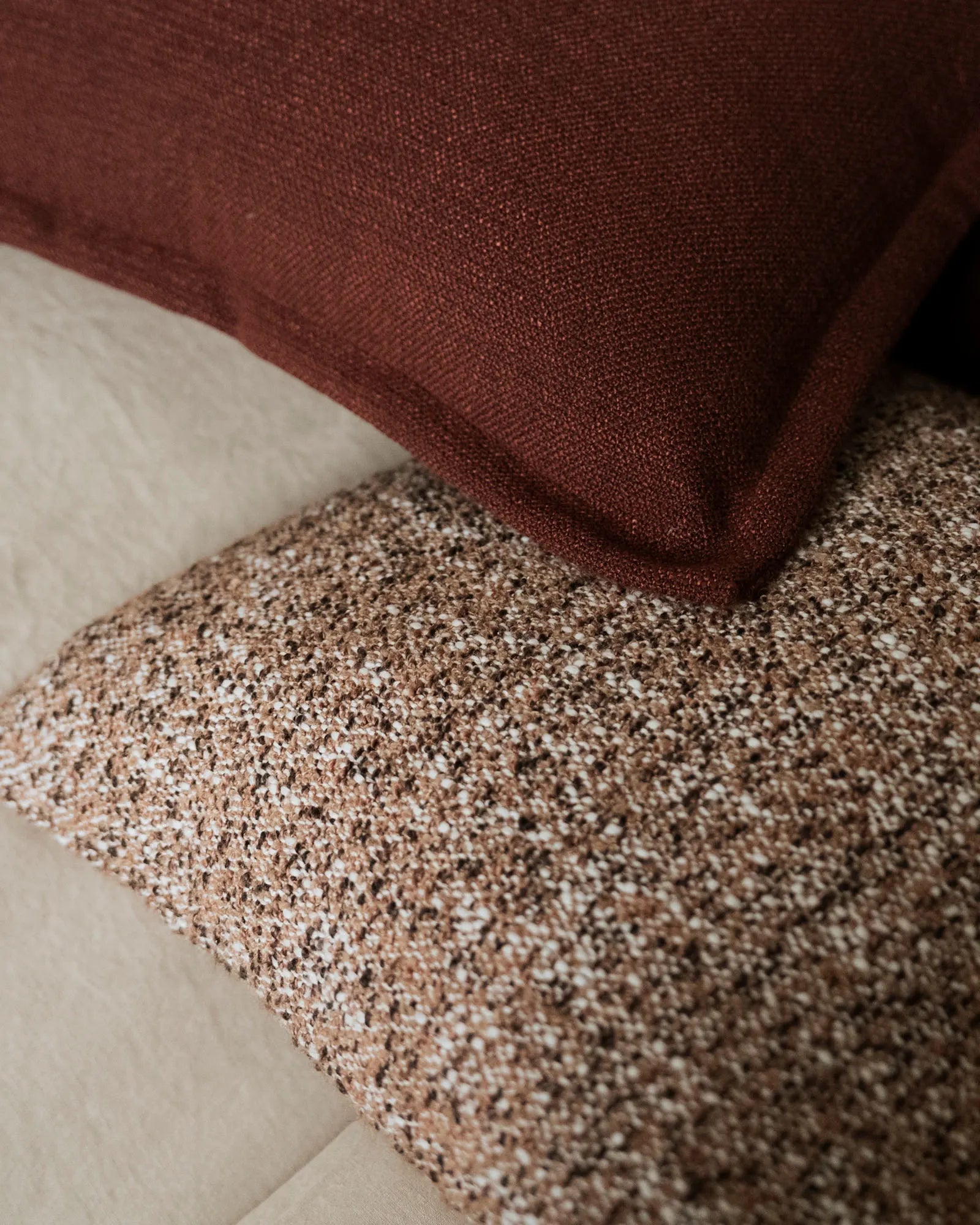 Figlio Paprika 50x50 cushion, close-up of chunky woven polyester texture and bold red tone by Weave Home