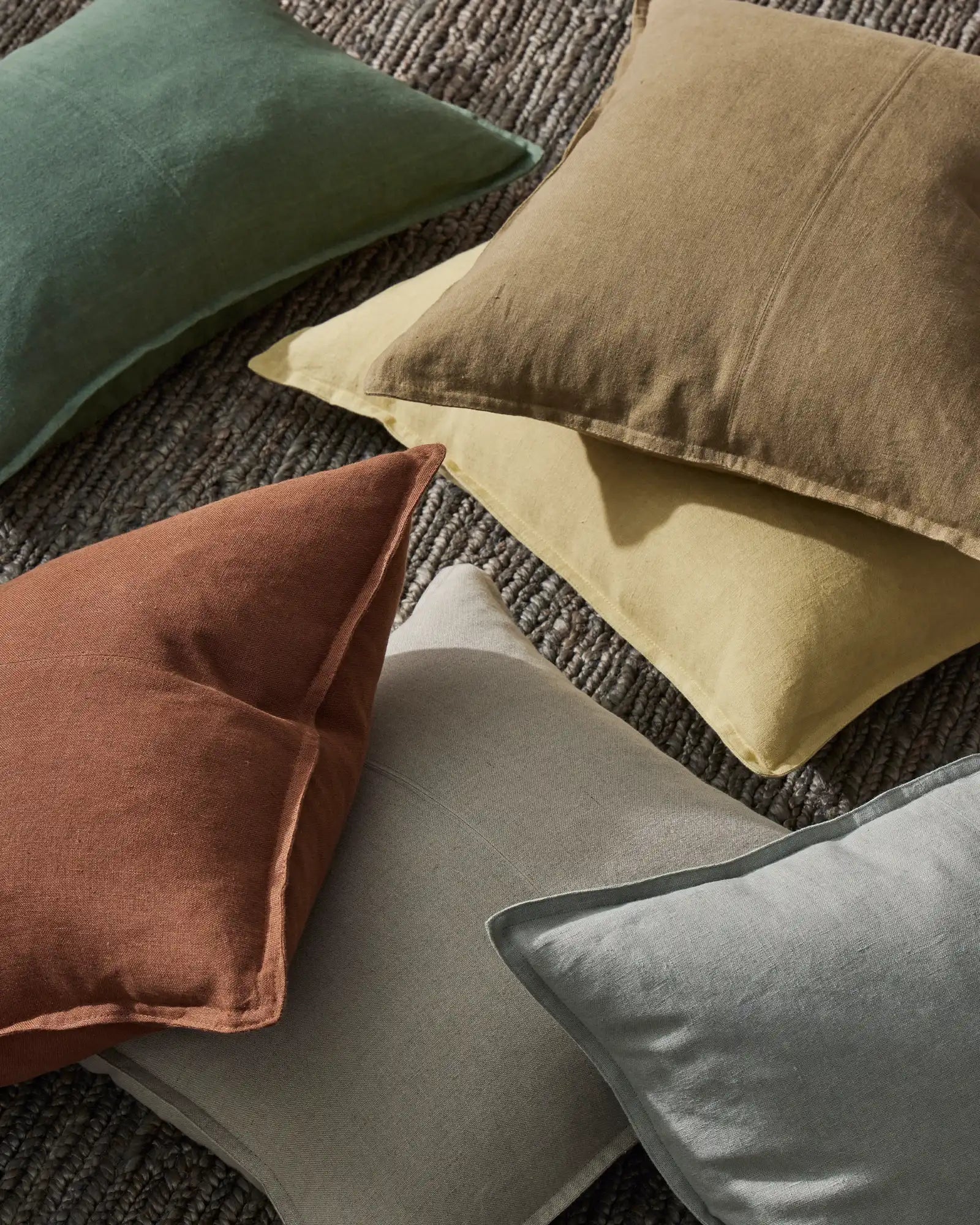 Como cushions in Tobacco, Sage and Butter linen, stonewashed European linen with soft vintage finish by Weave Home