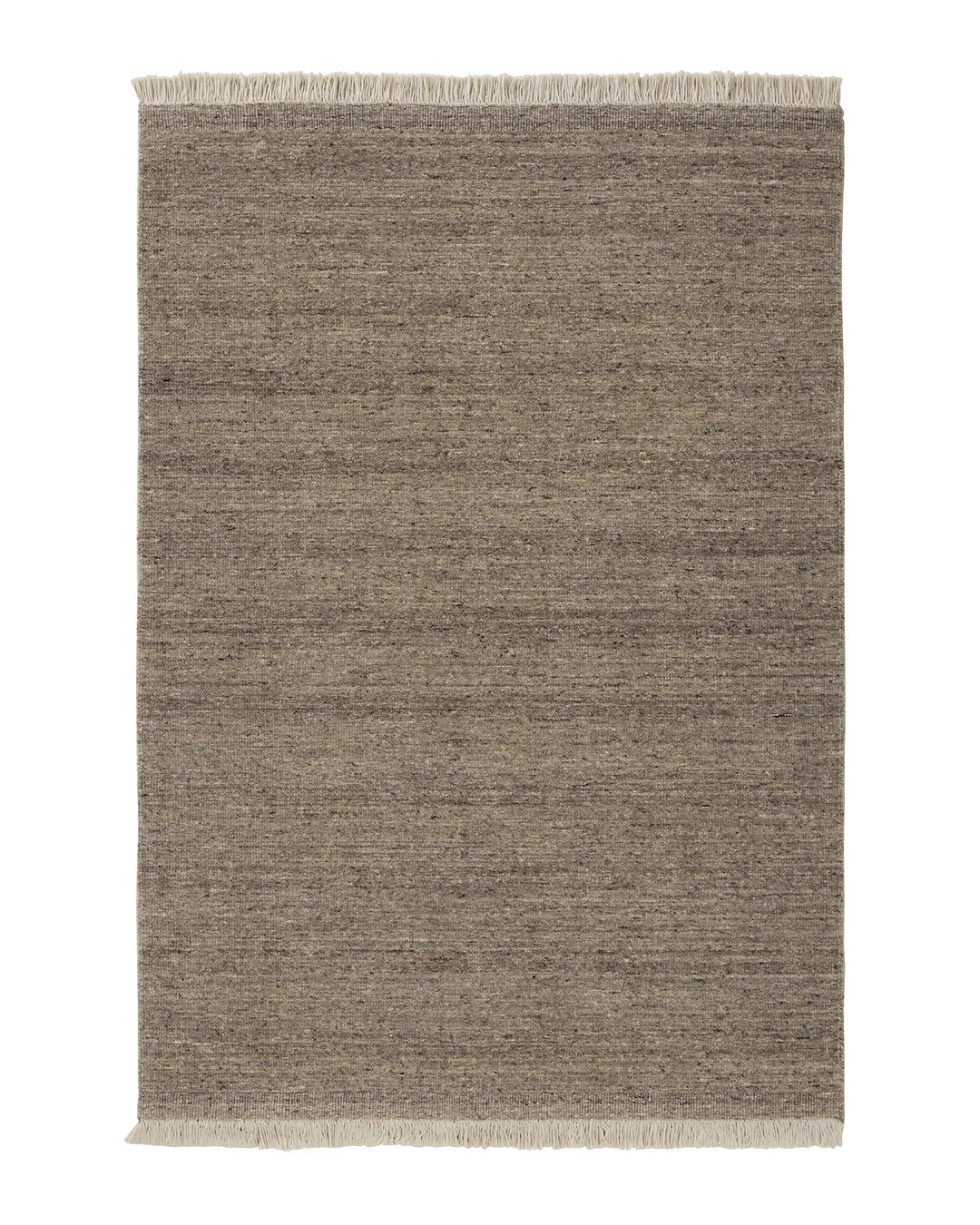 Anton Ash hand-woven wool rug with ribbed texture, grey neutral with warm brown undertones and cream cotton fringe by Weave Home