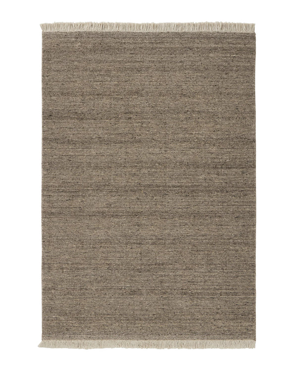 Anton Ash hand-woven wool rug with ribbed texture, grey neutral with warm brown undertones and cream cotton fringe by Weave Home