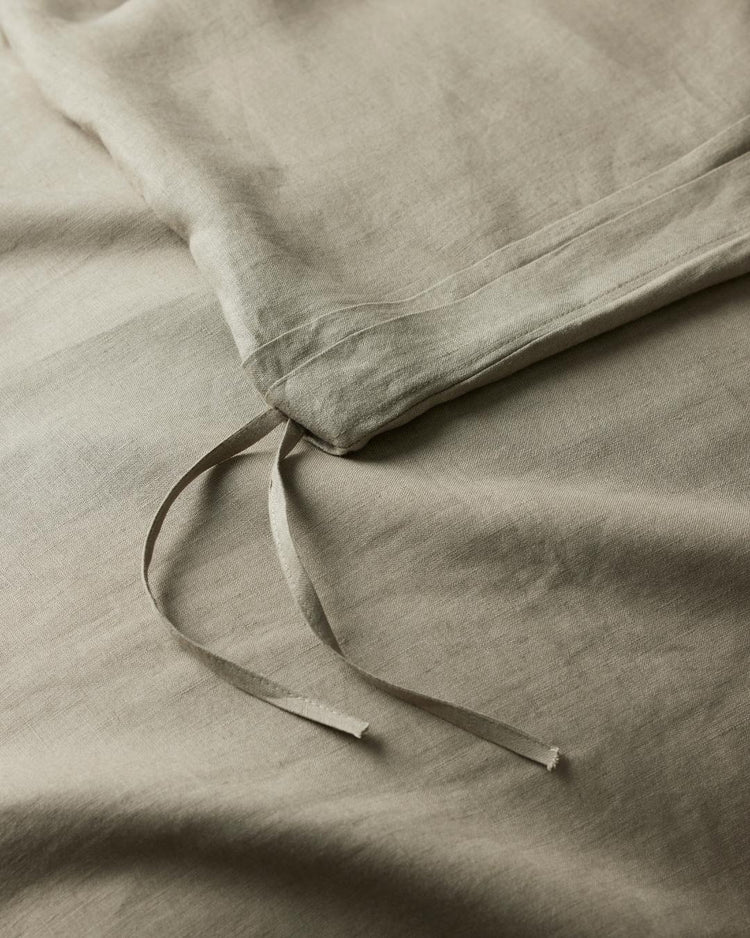 Ravello Quilt Cover in Caper, detail shot of internal tie closure on European linen, by Weave Home